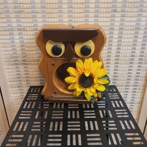 Wooden Owl Money Box with Sunflower Accent Handmade